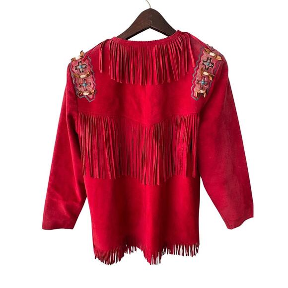 Women's M Patricia Wolf Fringe Jacket VTG Red Suede Beaded Coachella 70s - Picture 6 of 9